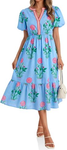 Cicy Bell Womens Summer Floral Print Maxi Dress A Line Puff Short Sleeve V Neck Boho Dresses Flowy Beach Vacation Outfits in Kuwait