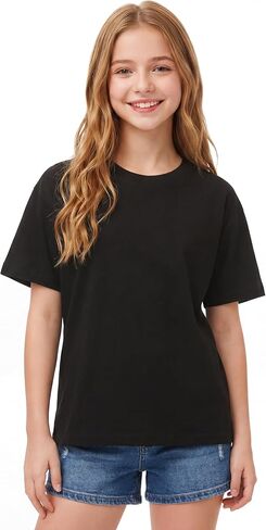 تي شيرت بناتي بأكمام قصيرة من القطن بياقة دائرية وقمصان صيفية سادة للأطفال in Kuwait