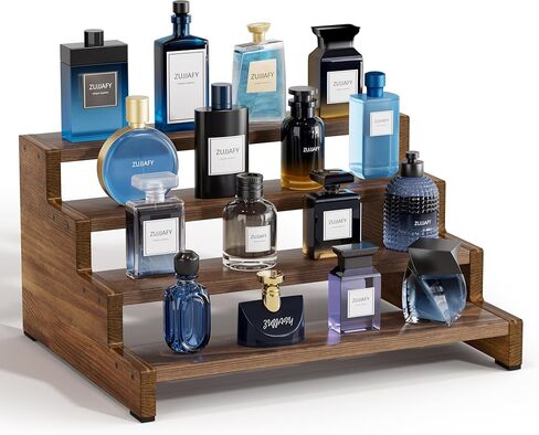 ZUJJAFY منظم كولونيا للرجال، حامل كولونيا خشبي من 4 طبقات رف عطر رجالي، حامل عرض خشبي متدرج للعطور، كب كيك، شخصيات، حلوى، بني in Kuwait