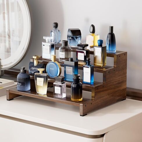 ZUJJAFY منظم كولونيا للرجال، حامل كولونيا خشبي من 4 طبقات رف عطر رجالي، حامل عرض خشبي متدرج للعطور، كب كيك، شخصيات، حلوى، بني in Kuwait