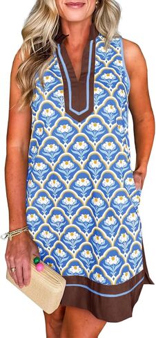 Cicy Bell Womens Summer Floral Print Mini Dress V Neck Sleeveless Color Block Boho Dresses Casual Beach Vacation Outfits in Saudi Arabia