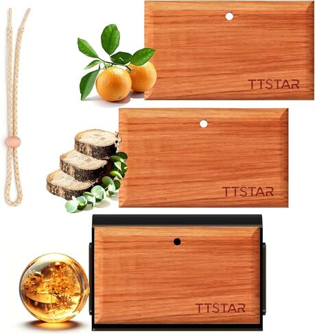 معطر هواء للسيارة من ttstar يدوم طويلاً، 3 عبوات من معطرات الهواء الخشبية للرجال والنساء، ملحقات رائحة السيارة الجديدة، مزيل الرائحة مع منظف مشبك معدني لواقي السيارة (خشب الساج والعنبر والبستان) in Kuwait