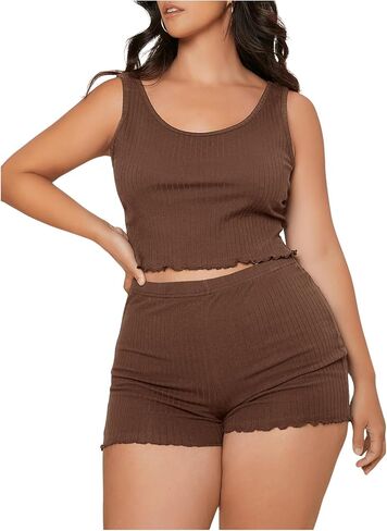 طقم بيجامة حريمي مقاس كبير من SOLY HUX قميص بدون أكمام وشورت قصير مضلع مكون من قطعتين PJ Set Loungewear in Kuwait