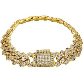 14K Gold Over S925 13mm Densely Set Moissanite Bracelet, Men's Cuban Chain with Secure Box Clasp, Hip-Hop Jewelry Gift for Husband and Men in Kuwait