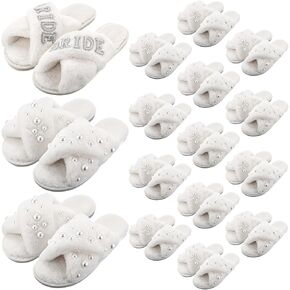 Shihanee 16 Pairs Bridesmaid Fuzzy Slippers Bulk - Women Plush Furry Open Toe Cross Band Pearl Embellished Slippers for Bridal Shower Bachelorette Party Wedding Gift in Kuwait