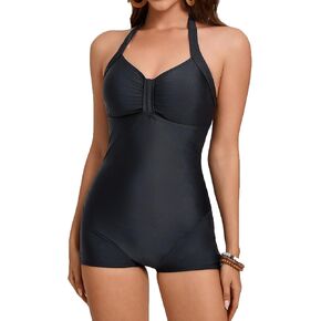 ملابس سباحة نسائية متواضعة من قطعة واحدة بدلة سباحة Boyleg هالتر بدلة سباحة رياضية مع شورت ملابس سباحة in Kuwait