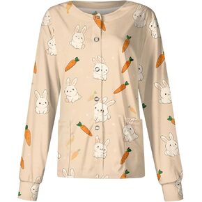 Scrub Jackets for Woman Easter Bunny & Eggs Print Scrub Top Plus Size Button-Up Long Sleeve Nurse Jacket with Pockets in Saudi Arabia