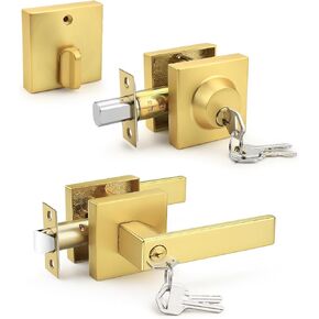 3 Pack Brushed Gold Keyed Alike Front/Exterior Door Lever with Single Cylinder Deadbolt, Satin Brass Entry Door Knob Lock Set Combo Sets, for Entrance/Front and Office Doors in Kuwait