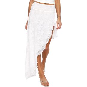 Women's Lace Asymmetrical Layered Hem Midi Skirt Sexy Elastic High Waisted Flowy Beach Long Skirts in Saudi Arabia