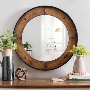 Rustic Round Wall Mirror 24 Inch, Natural Wood Frame with Black Metal Trim, Industrial Farmhouse Style Wall Mirror with Decorative Nailhead Accents for Bathroom, Living Room, or Entryway in Kuwait