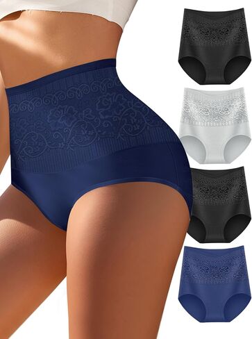 Women's Cotton Tummy Control High Waist Full Coverage Panties with Lace Trim, Soft Stretch Breathable 4 Pack in Saudi Arabia