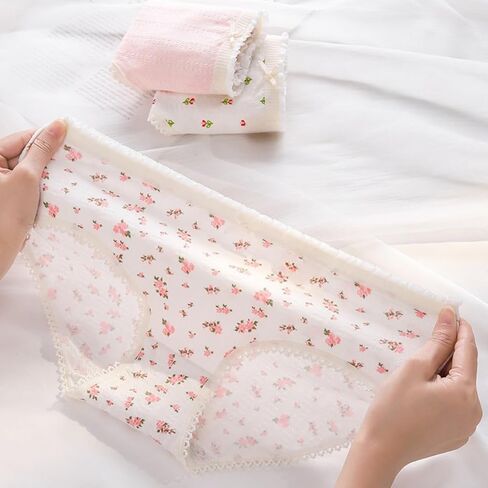 5 عبوات ملابس داخلية لطيفة منقوشة بالزهور للنساء، سراويل داخلية مريحة من القطن مكشكشة بعقدة على شكل فيونكة in Kuwait