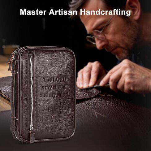 Full Grain Leather Bible Cover Case for Men, Mens Bible Covers Cases Leather Bible Protective Book Holder Carrying Case for Men with Handle Zippered Pocket in Kuwait