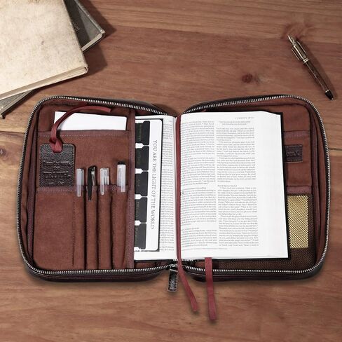 Full Grain Leather Bible Cover Case for Men, Mens Bible Covers Cases Leather Bible Protective Book Holder Carrying Case for Men with Handle Zippered Pocket in Kuwait