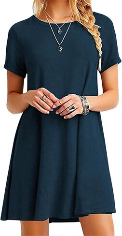 Women Crew Neck T-Shirt Short Sleeve Dress Loose Simple A Line Dress Solid Color Plus Size Dress in Saudi Arabia