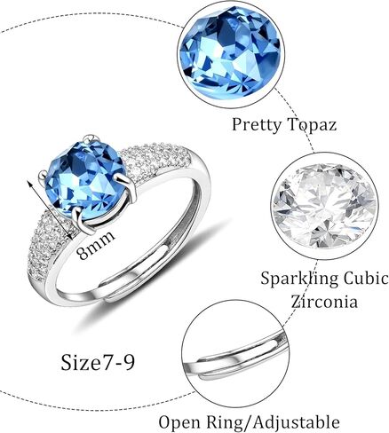 Aquamarine Cubic Zirconia Birthstone Ring for Women Gemstone Silver Promise Adjustable Ring in Kuwait