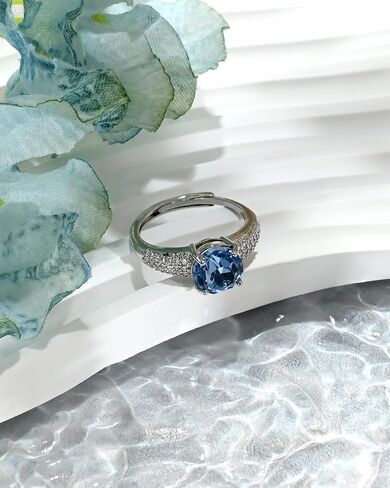 Aquamarine Cubic Zirconia Birthstone Ring for Women Gemstone Silver Promise Adjustable Ring in Kuwait
