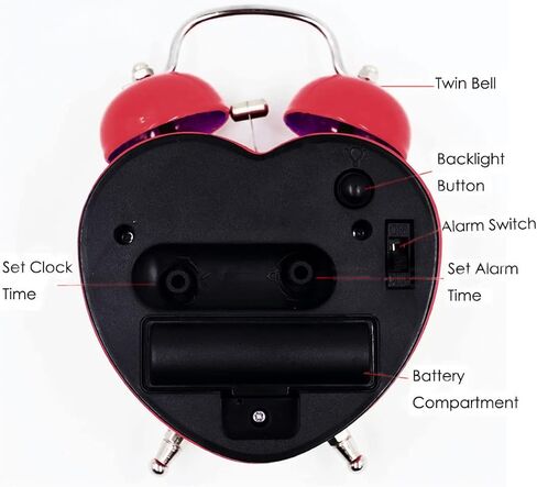 ساعة منبه بجرس مزدوج 3 بوصات صامتة تناظرية كوارتز ليلاً (شكل قلب أحمر) in Kuwait