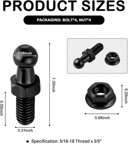 4PCS 10mm Ball Stud Kit Includes Nuts,5/16-18 Thread x 3/5" Long Shank Ball Stud for Car Gas Strut,Professional Lift Support Strut/Gas Spring Struts Balls Studs Car Accessories in Saudi Arabia