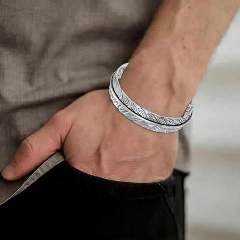 الفولاذ المقاوم للصدأ الأمريكية الأصلية ريشة الكفة سوار للرجال النساء، خمر بوهو الغربية الإسورة المجوهرات، قابل للتعديل ريشة مفتوحة الإسورة، هدايا المجوهرات القبلية العرقية لعيد الميلاد عيد ميلاد in Kuwait
