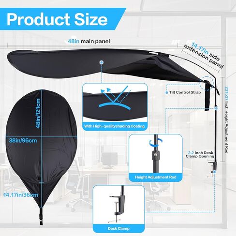 حجرة مكتب وظل مكتب قابلان للتعديل مقاس 62 بوصة، ظل حجيرة، ملحقات حجرة مكتب العمل قابلة للتعديل، مظلة خصوصية بلاستيكية قابلة للطي، كتل خفيفة، تقليل الوهج، أسود in Kuwait