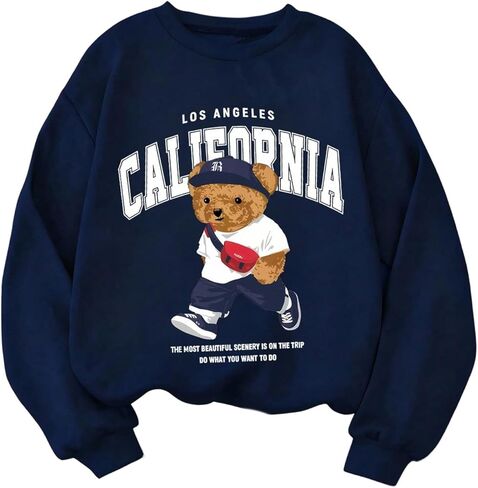 Women's Letter Teddy Bear Graphic Sweatshirts Cute Long Sleeve Crewneck Oversized Pullover Tops in Saudi Arabia