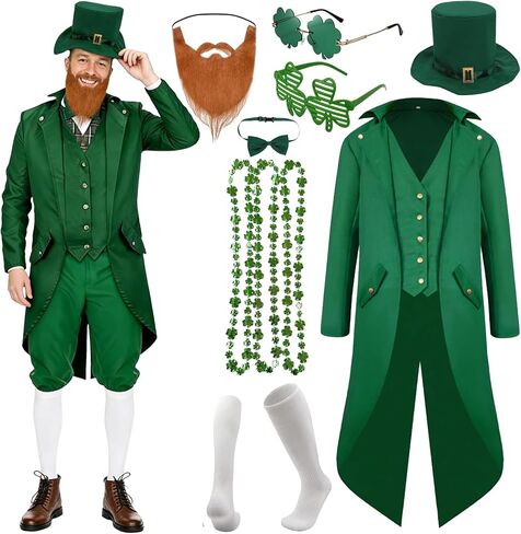 St Patricks Day Costume 10 PCS Adult Leprechaun Costumes Men Steampunk Tailcoat with Hat Glasses Bead Necklaces Beard in Saudi Arabia
