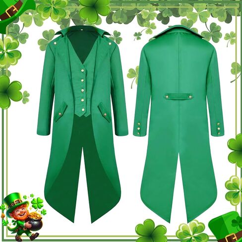 St Patricks Day Costume 10 PCS Adult Leprechaun Costumes Men Steampunk Tailcoat with Hat Glasses Bead Necklaces Beard in Saudi Arabia