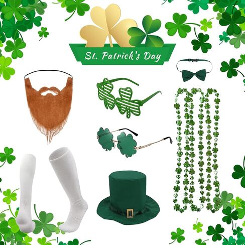 St Patricks Day Costume 10 PCS Adult Leprechaun Costumes Men Steampunk Tailcoat with Hat Glasses Bead Necklaces Beard in Saudi Arabia