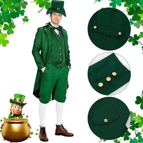 St Patricks Day Costume 10 PCS Adult Leprechaun Costumes Men Steampunk Tailcoat with Hat Glasses Bead Necklaces Beard in Saudi Arabia