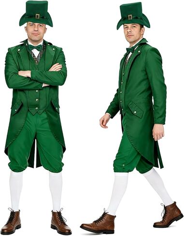 St Patricks Day Costume 10 PCS Adult Leprechaun Costumes Men Steampunk Tailcoat with Hat Glasses Bead Necklaces Beard in Saudi Arabia
