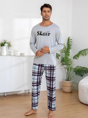 Light Gray Men's Pajama Set, Long Sleeve Pjs Pajama with Plaid Pants for Mens, Soft Pijamas Para Hombres in Saudi Arabia
