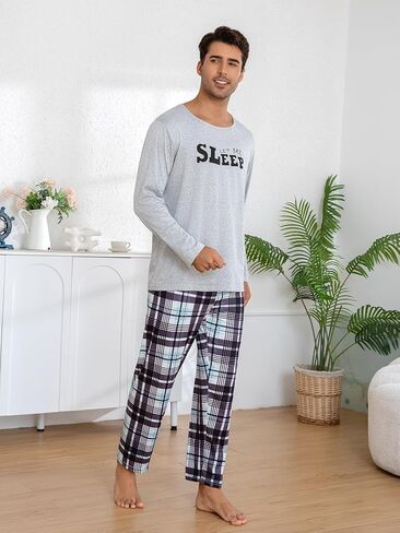 Light Gray Men's Pajama Set, Long Sleeve Pjs Pajama with Plaid Pants for Mens, Soft Pijamas Para Hombres in Saudi Arabia