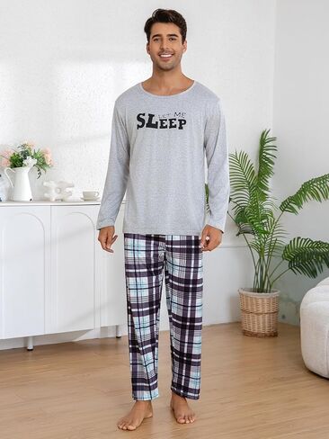 Light Gray Men's Pajama Set, Long Sleeve Pjs Pajama with Plaid Pants for Mens, Soft Pijamas Para Hombres in Saudi Arabia