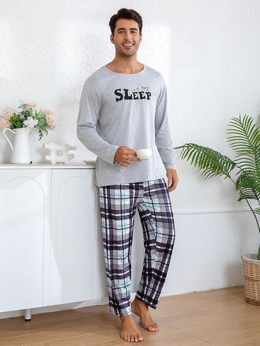 Light Gray Men's Pajama Set, Long Sleeve Pjs Pajama with Plaid Pants for Mens, Soft Pijamas Para Hombres in Saudi Arabia