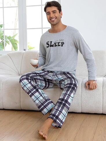Light Gray Men's Pajama Set, Long Sleeve Pjs Pajama with Plaid Pants for Mens, Soft Pijamas Para Hombres in Saudi Arabia