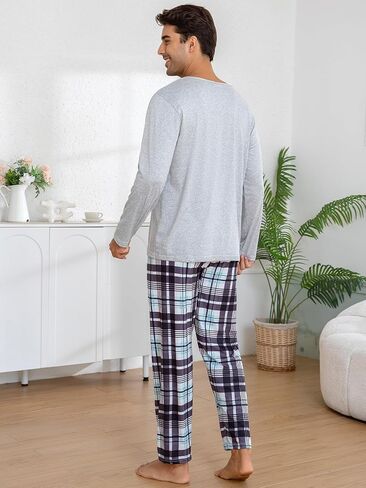 Light Gray Men's Pajama Set, Long Sleeve Pjs Pajama with Plaid Pants for Mens, Soft Pijamas Para Hombres in Saudi Arabia
