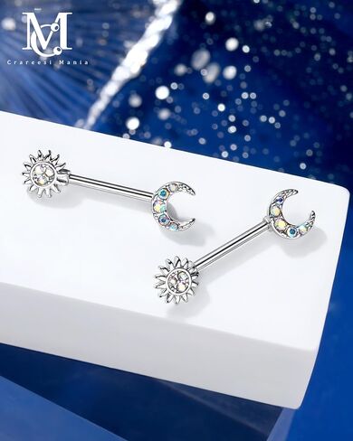 CM Crareesi Mania Nipple Rings, AB CZ Nipple Piercing Jewelry, Crescent Moon Nipple Barbells for Women, 316L Surgical Steel Sun Nipple Piercing Rings in Saudi Arabia