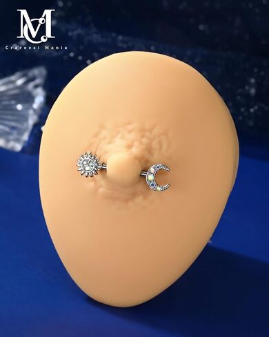 CM Crareesi Mania Nipple Rings, AB CZ Nipple Piercing Jewelry, Crescent Moon Nipple Barbells for Women, 316L Surgical Steel Sun Nipple Piercing Rings in Saudi Arabia
