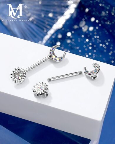 CM Crareesi Mania Nipple Rings, AB CZ Nipple Piercing Jewelry, Crescent Moon Nipple Barbells for Women, 316L Surgical Steel Sun Nipple Piercing Rings in Saudi Arabia