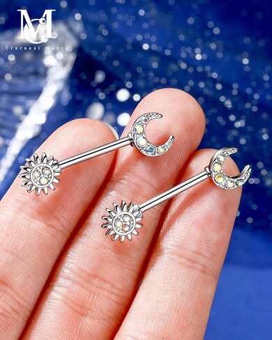 CM Crareesi Mania Nipple Rings, AB CZ Nipple Piercing Jewelry, Crescent Moon Nipple Barbells for Women, 316L Surgical Steel Sun Nipple Piercing Rings in Saudi Arabia
