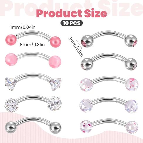 10 قطع من ثقب الحواجب، 18 جرام لسان مجوهرات ثقب عيون الثعبان، حلقات حواجب منحنية، من أجل ثقب شحمة الأذن والحواجب والشفاه واللسان. in Kuwait