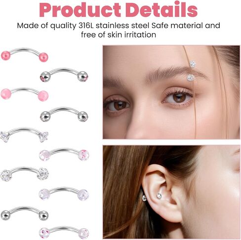 10 قطع من ثقب الحواجب، 18 جرام لسان مجوهرات ثقب عيون الثعبان، حلقات حواجب منحنية، من أجل ثقب شحمة الأذن والحواجب والشفاه واللسان. in Kuwait