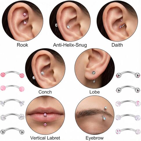 10 قطع من ثقب الحواجب، 18 جرام لسان مجوهرات ثقب عيون الثعبان، حلقات حواجب منحنية، من أجل ثقب شحمة الأذن والحواجب والشفاه واللسان. in Kuwait