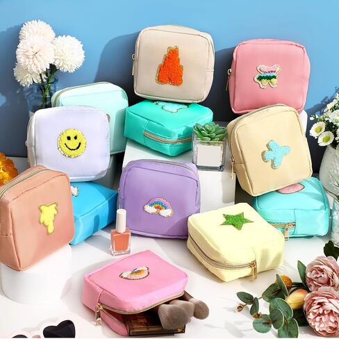 12 Pcs Preppy Patch Cute Makeup Bag Travel Cosmetic Toiletry Bag Chenille Skincare Bag Portable Nylon Bag Organizer Storage Purse Small Zipper Makeup Pouch Daily Use Storage Purse for Women Girls Gift in Saudi Arabia
