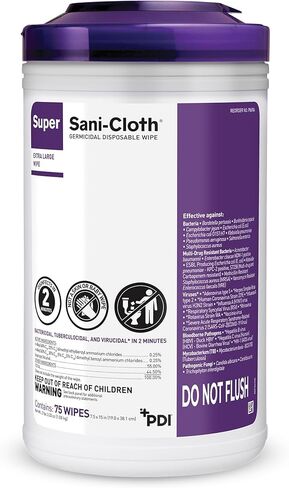 PDI Mfr#Q86984 Super SaniCloth Wipes XL 7.5" x 15" 65Canister by, White, 1 Count in Kuwait