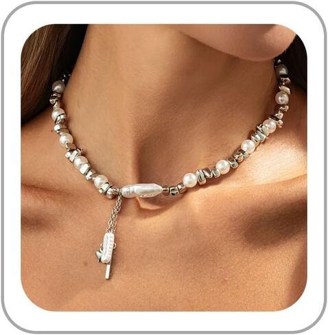Pearl Choker Necklaces for Women Chunky Gold Beaded Pearl Necklaces Charm Pearls Choker Necklace Vintage Statement Necklace Dainty Y2K Jewelry Boho Prom Jewelry Gift for Women in Saudi Arabia