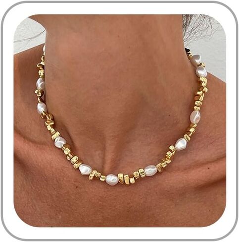 Pearl Choker Necklaces for Women Chunky Gold Beaded Pearl Necklaces Charm Pearls Choker Necklace Vintage Statement Necklace Dainty Y2K Jewelry Boho Prom Jewelry Gift for Women in Saudi Arabia