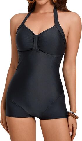 ملابس سباحة نسائية متواضعة من قطعة واحدة بدلة سباحة Boyleg هالتر بدلة سباحة رياضية مع شورت ملابس سباحة in Kuwait