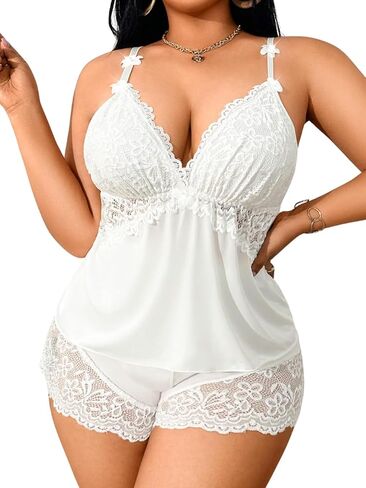 Women's Plus Size Satin Lingerie Lounge Set, 3D Floral Lace Pajamas Lightweight Comfortable Sleepwear Nightwear in Saudi Arabia